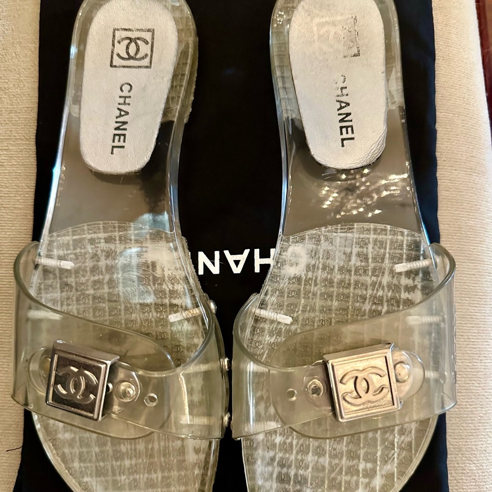 CHANEL Clear Sandals with Silver Accents